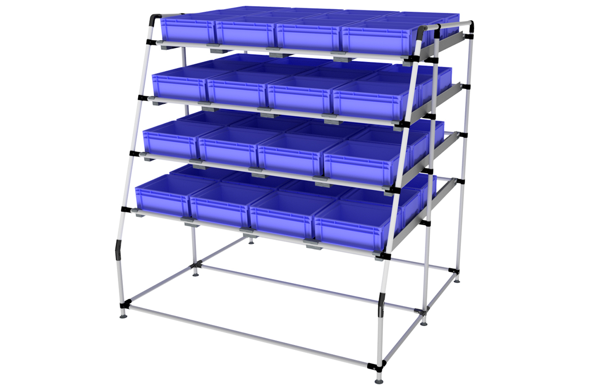 flow rack e supermarket a gravità - render