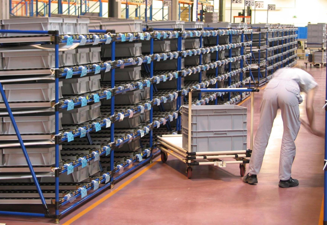 L'immagine mostra un magazzino industriale con scaffalature multiple che utilizzano il sistema FIFO per lo stoccaggio dei materiali. Contenitori etichettati e scaffali ordinati garantiscono un flusso efficiente dei prodotti e la gestione accurata delle scorte. Un operatore è visibile mentre interagisce con i materiali, evidenziando l'efficacia del sistema di gestione FIFO.